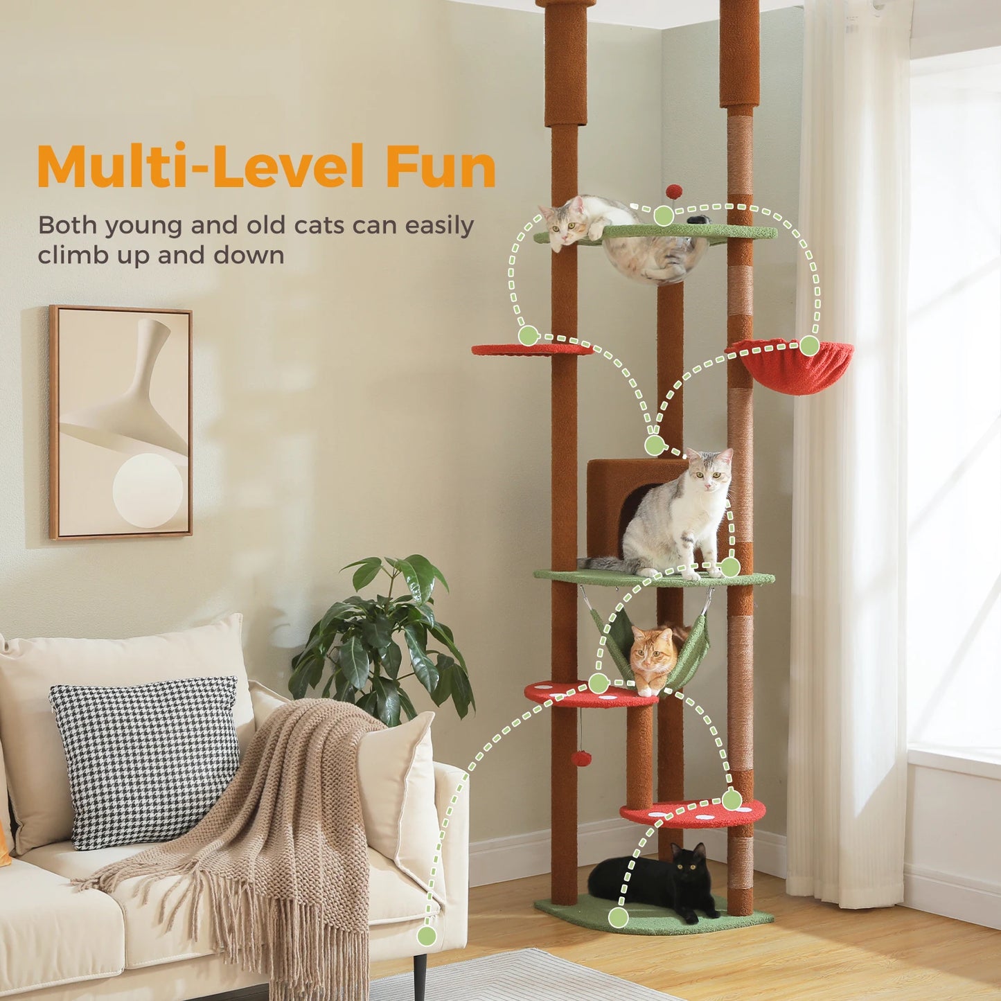 Floor to Ceiling Cat Tree with Sisal Scratching Posts Cozy Condo Hammock Adjustable Height Tall Cat Tower for Indoor Cat Toys