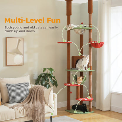 Floor to Ceiling Cat Tree with Sisal Scratching Posts Cozy Condo Hammock Adjustable Height Tall Cat Tower for Indoor Cat Toys