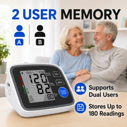 Automatic Upper Arm Blood Pressure Monitor with 2 Cuffs 22-43 cm and 32-53 cm, Large LCD, 2 Users, 180-Reading Memory, Pulse Rate for Home Use