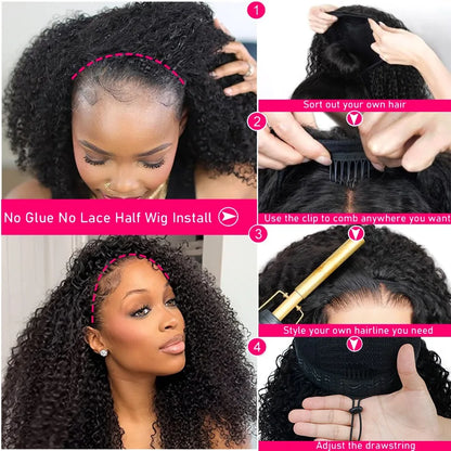 GrawwCap Glueless PremiumBrazilian Hair Kinky Curly HeadbandWigSystemPro Wig 3in1