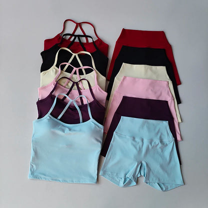 Yoga Gym Set Halter Top Set Yoga High Waist Shorts Set Backless Tights Bra Vest Seamless Stretch Ribbed Buttocks Lift Shorts Set