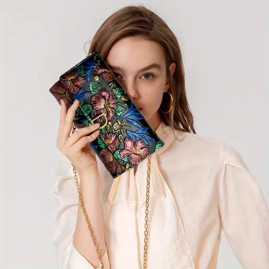 Dragonfly Floral Embossed Convertible Clutch Crossbody Purse With Chain Strap