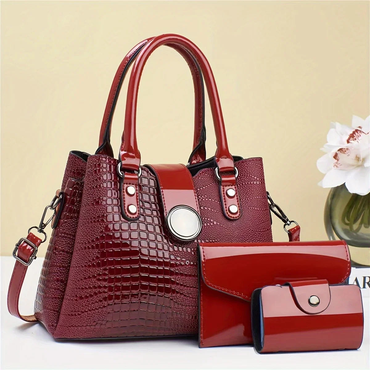 Women's Fashion Handbag Set, 3-Piece PU Leather Purse Combo, Tote Shoulder Bag With Clutch, Versatile Design, Multiple Colors Av