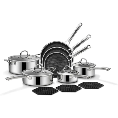 SNOWCLAD Pots and Pans Set Non Stick 14 Pcs Hybrid Stainless Steel Cookware Sets Non Stick Frying Pans Saucepans Saute Pan and