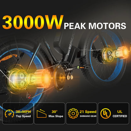BAOLUJIE 2602 Ebike Peak 3000W Dual Motor Electric Bike 38MPH Electric Bicycle 26”*4” Fat Tire Mountain Bike for Adults off-road
