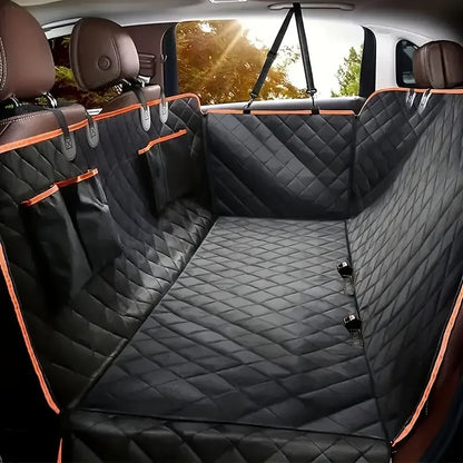Quilted waterproof car back seat cover with side flaps and storage pockets for pet protection