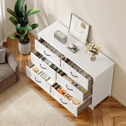 6 Drawer Dresser for Bedroom，47'' Larger Chest of Drawers with Mental Handle , White Dresser with 6 Storage Drawers, White