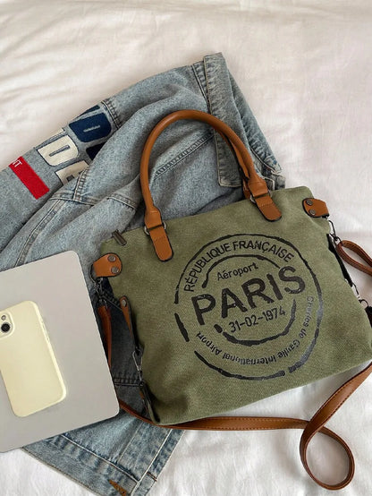 Large Capacity Casual Tote Handbag With Paris Print, Versatile Crossbody Bag For Women