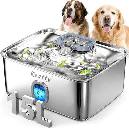 15L Stainless Steel Dog Water Fountain with Triple Filtration, Ultra Quiet Automatic Pet Dispenser with LED Light