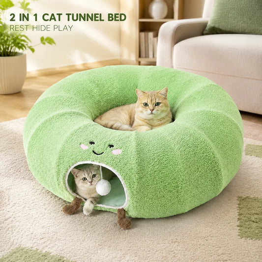 Convertible Cat Tunnel Bed With Plush Donut Cushion