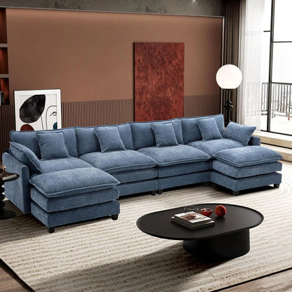 U-Shaped Modern Sofa Modular Sectional Cloud Couch with 2 Ottoman, 6-Seat Chenille Deep Seat Sofa with 6 Pillows for Living Room