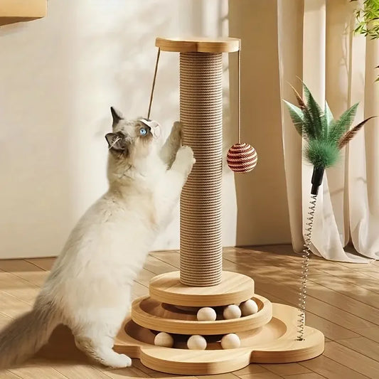 Cat Scratch Board With Rotating Platform And Non Shedding Wooden Fiber Chew Toy