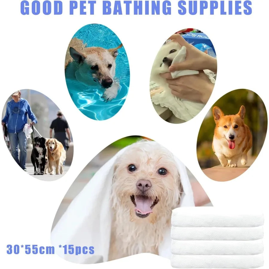15 PCS Disposable Pet Bath Towels 11.8 x 21.6 Inch Portable Pet Grooming Towels for Small Dogs Puppies and Cats Absorbent Conve