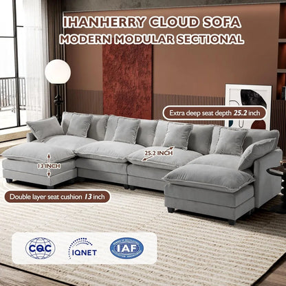 U-Shaped Modern Sofa Modular Sectional Cloud Couch with 2 Ottoman, 6-Seat Chenille Deep Seat Sofa with 6 Pillows for Living Room