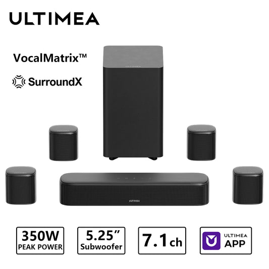 ULTIMEA 350W 7.1ch Virtual Surround Soundbar, Home Theater TV Sound Bar with Subwoofer&4 Surround Speakers, Smart App Control