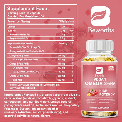 BEWORTHS Omega 3，6，9 Capsules rich in Fatty Acids Support Immune Health, Brain, Skin and Cardiovascular Health
