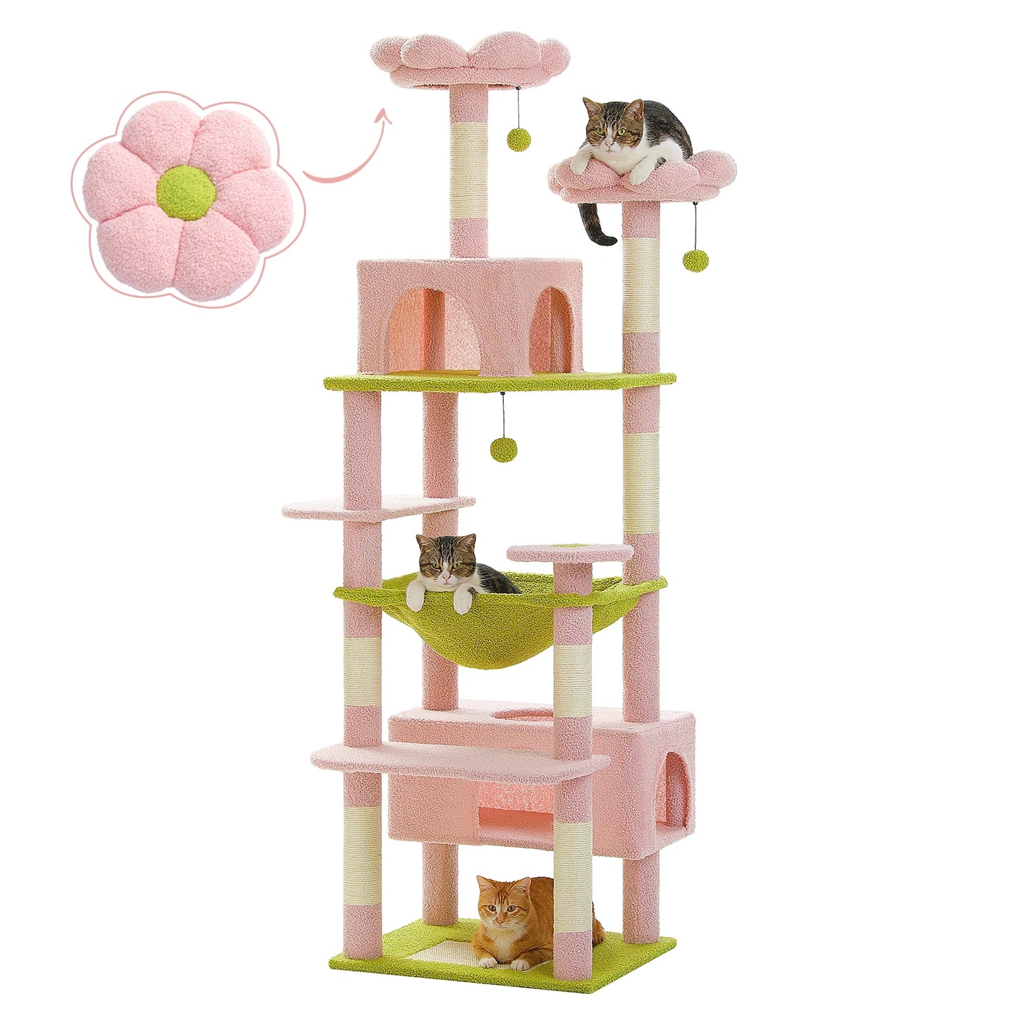 Multi-Level Cat Tree Tower with Scratching Posts&Board, Hammock, Cat Condo, Spacious Top Perch,Dangling Balls for Indoor Cats