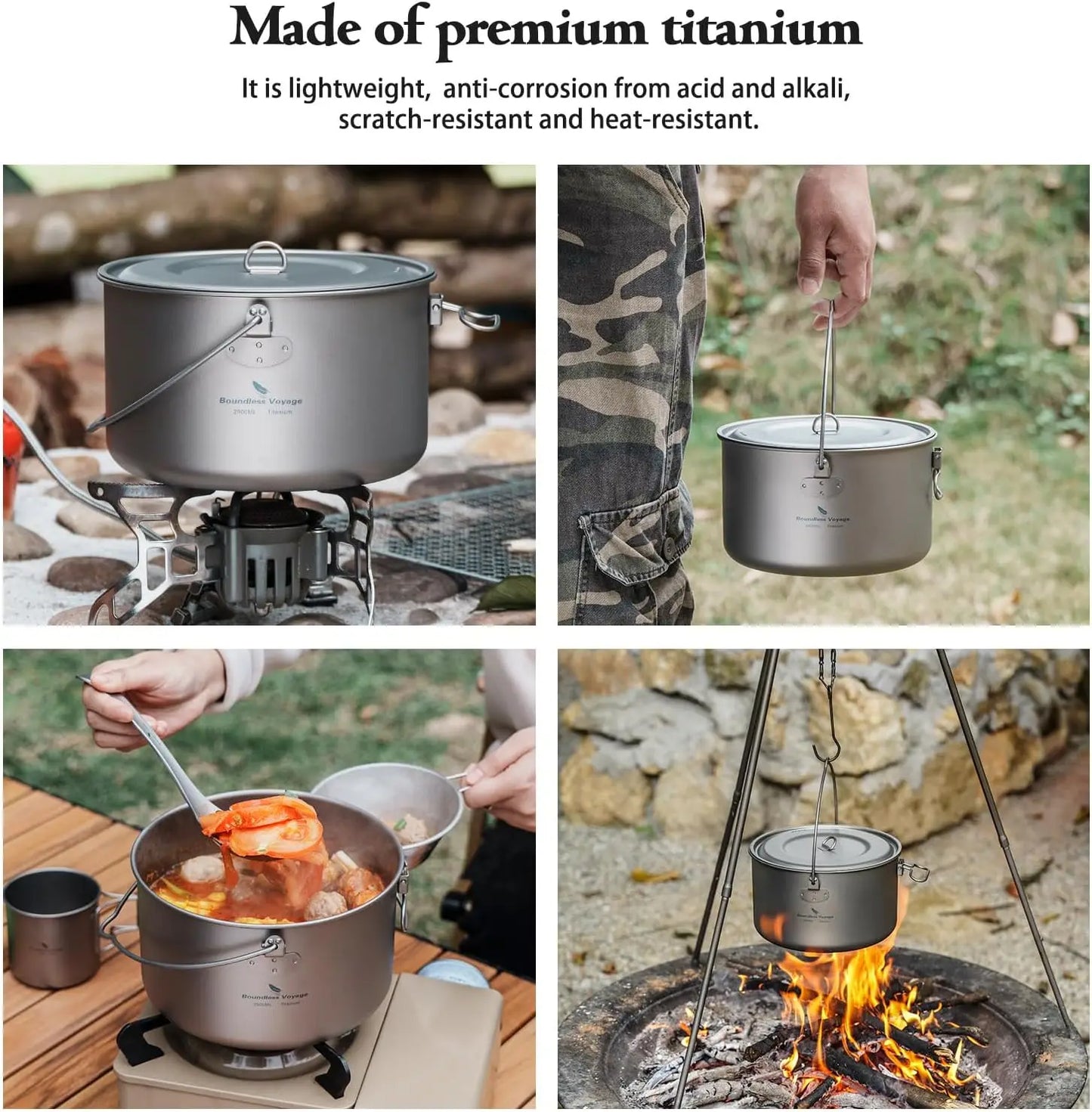 Ultralight Portable Hanging Pot for Outdoor Camping Backpacking Hiking - Camp Kitchen Cookware with Multiple Sizes 1300ML/1950ML