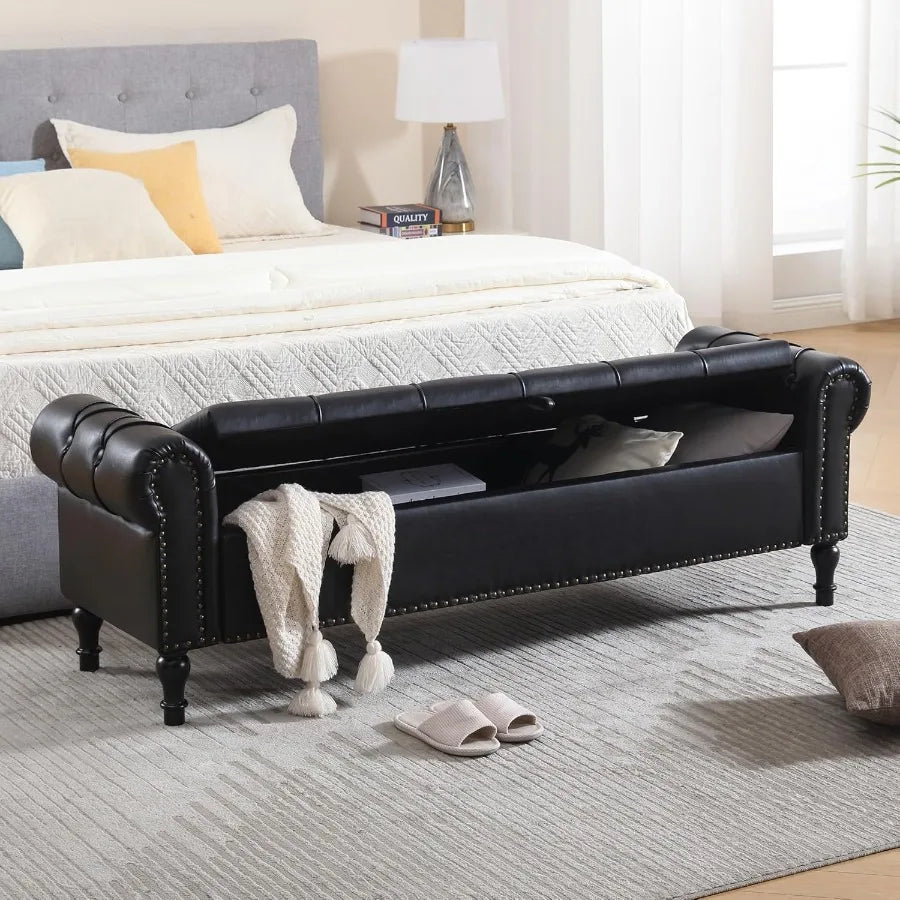 Hign-concerned Leather Storage Bench Ottoman With Tufted Arms Modern LivingRoomElegance