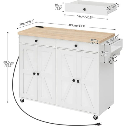 USA Shipping Kitchen Island with Power Outlet 43.3 Rolling Kitchen Island with Storage Rolling Cart with Spice Rack and Hooks