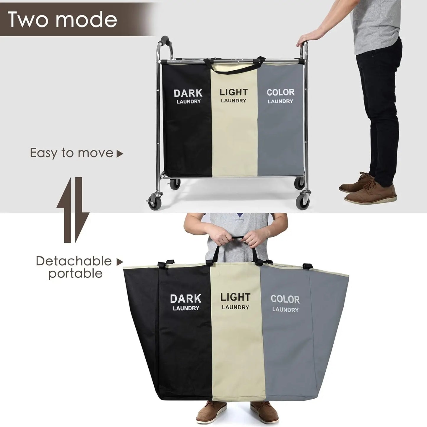 240L Laundry Basket with Wheels, 3-Section Hamper for Clothes, Towel & Toy Storage in Dorm or Home