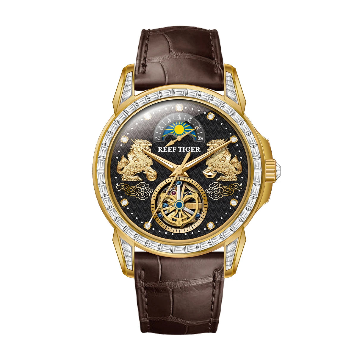 Reef Tiger Men's Automatic Mechanical Watch Leather Band Stainless Steel