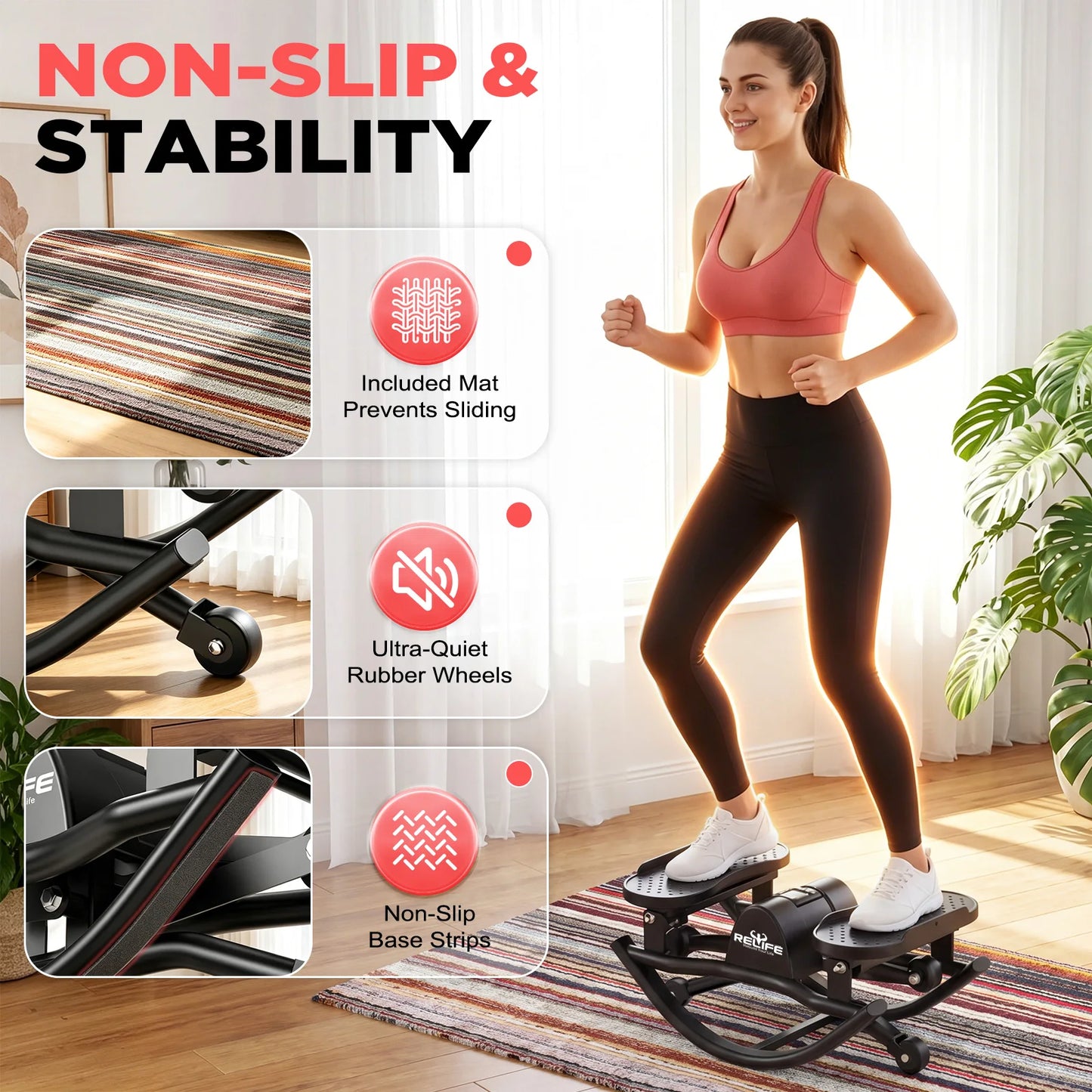 3D Lateral Rocking Stepper With Resistance Bands For Body Workout