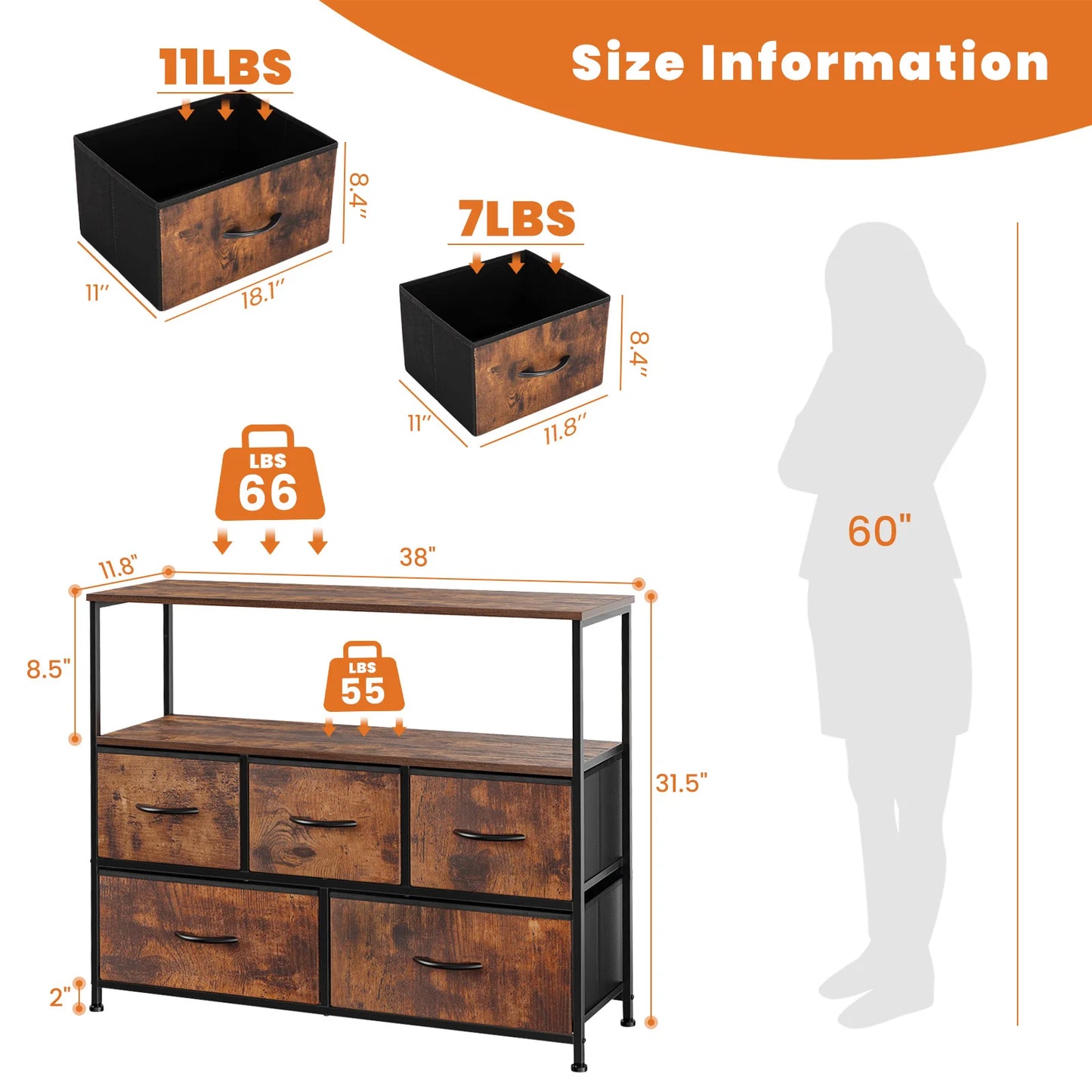 JHK ShoeStorage Cabinet Dresser With Multilevel TexturedFabric Drawers TVStandRack