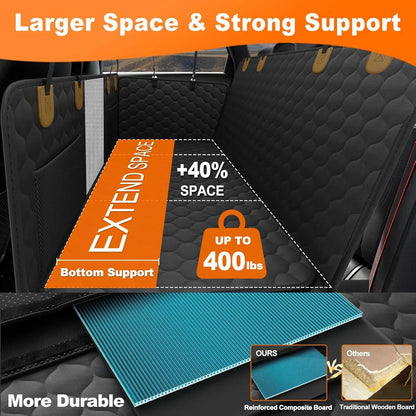 Car backseat extender with strong support, reinforced board, up to 400 lbs capacity, adds 40% more space.