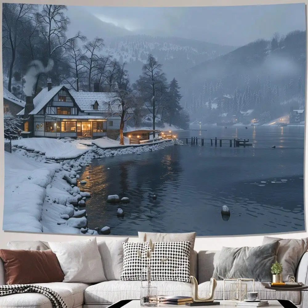 1pc Winter Tapestry Snow Cabin Lake Wall Hanging Cozy Scenery for Bedroom Living Room Decor Back-to-school season Autumn gifts