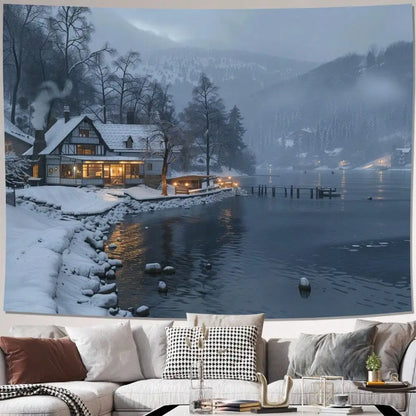 1pc Winter Tapestry Snow Cabin Lake Wall Hanging Cozy Scenery for Bedroom Living Room Decor Back-to-school season Autumn gifts