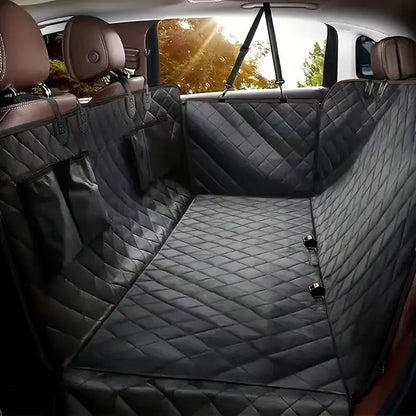Quilted black car backseat cover with protective side flaps and storage pockets