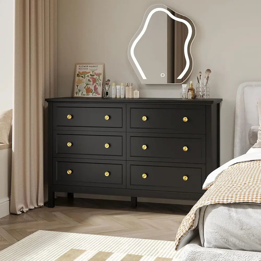 Elegant 6-Drawer Double Dresser with Deep Drawers and Metal Handles, Wood Dressers & Chests for Bedroom and Hallway Storage