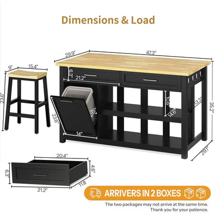 47 Solid Rubberwood Kitchen Island with Storage, Seating for 2, Trash Bin, Power Outlet, and Open Shelves in Black