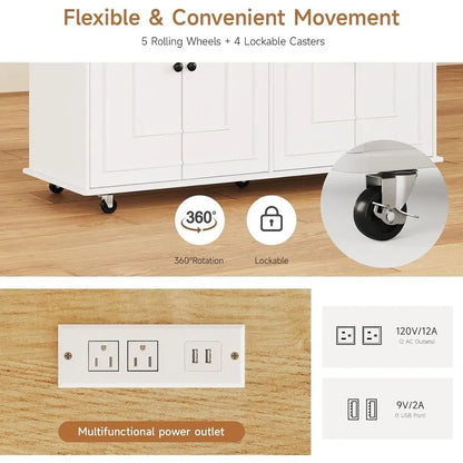 58 Mobile Kitchen Island Cart with Power Outlet, Storage, Spice Rack, Towel Rack & Knife Holder