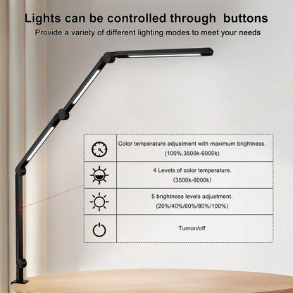 LED Desk Lamp with Clamp Flexible 4 sections Swing Arm Three light sources desk light, 4 Color Modes & 5 Brightness