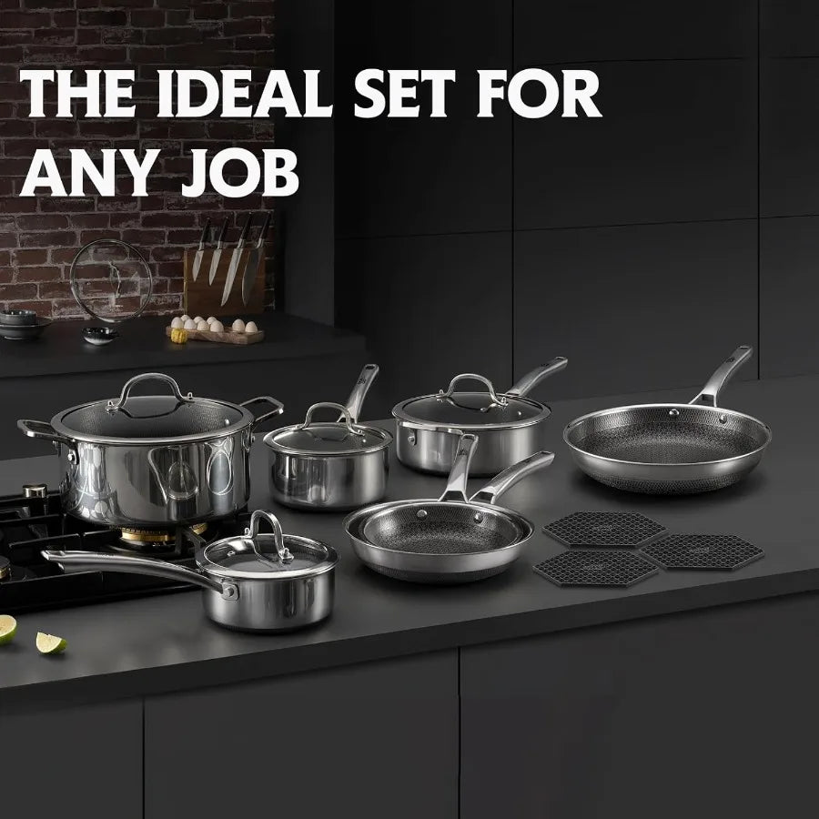 SNOWCLAD Pots and Pans Set Non Stick 14 Pcs Hybrid Stainless Steel Cookware Sets Non Stick Frying Pans Saucepans Saute Pan and