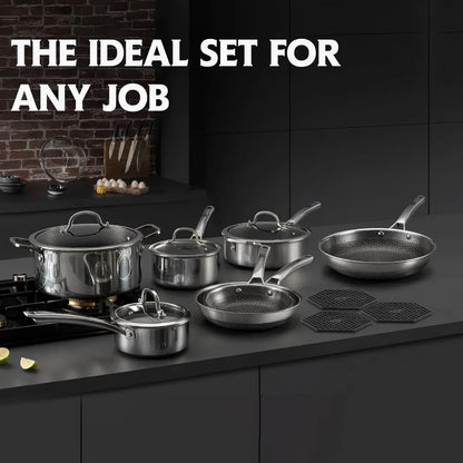 SNOWCLAD Pots and Pans Set Non Stick 14 Pcs Hybrid Stainless Steel Cookware Sets Non Stick Frying Pans Saucepans Saute Pan and