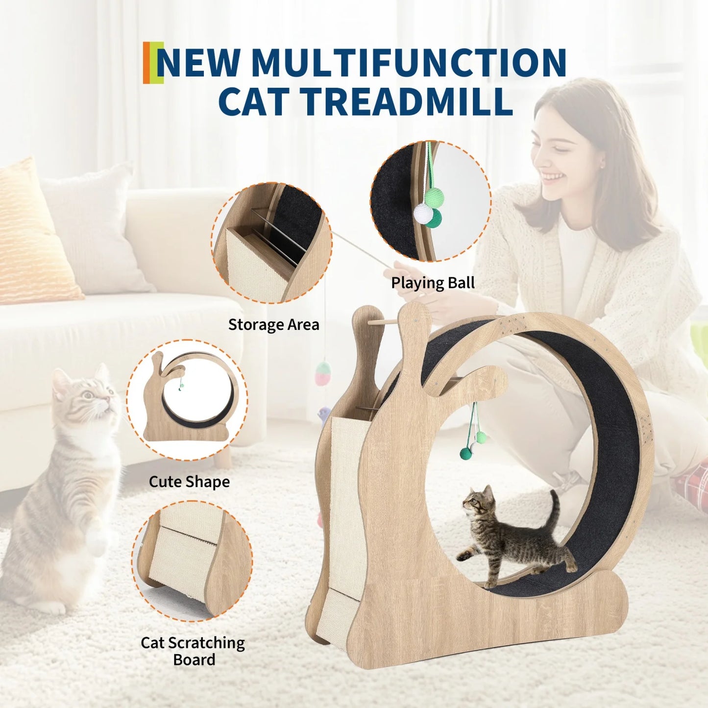 85cm/95cm Large Cat Treadmill for Indoor Cats, Wooden Cat Exercise Wheel with Detachable Carpet & Scratching Board,Playing Toy