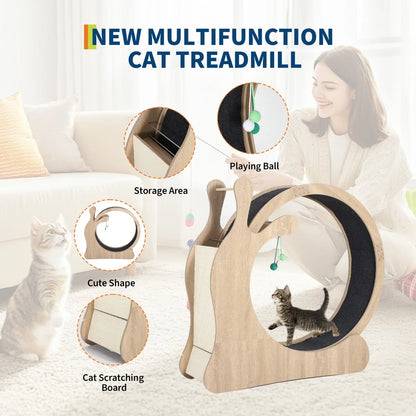 85cm/95cm Large Cat Treadmill for Indoor Cats, Wooden Cat Exercise Wheel with Detachable Carpet & Scratching Board,Playing Toy