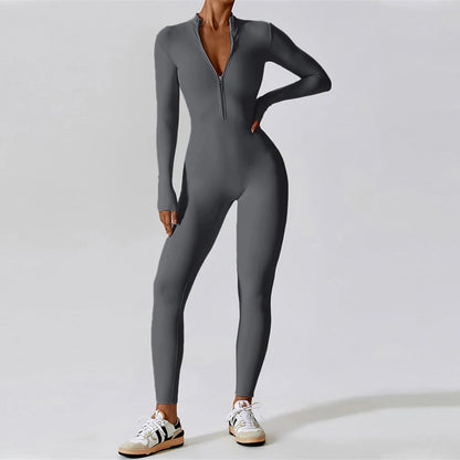 Zipper Yoga Jumpsuits for Women Winter Fleece Jumpsuit Longsleeve Sport Overalls Fitness One-Piece Suit Gym Workout Tracksuit
