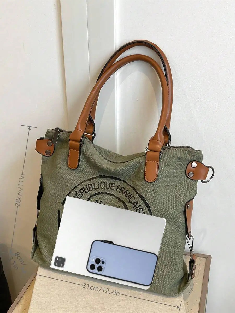 Large Capacity Casual Tote Handbag With Paris Print, Versatile Crossbody Bag For Women