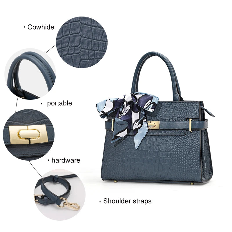Aidrani Genuine leather crocodile pattern handbag, large capacity women's bag, square cowhide shoulder bag