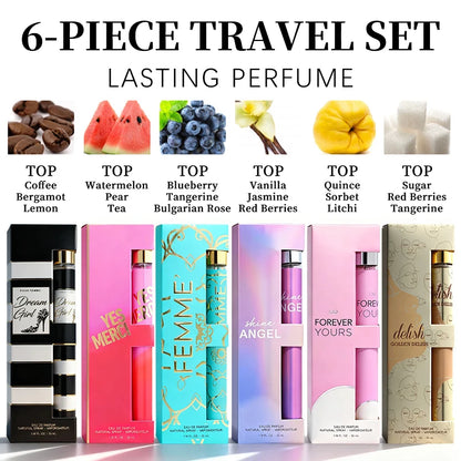 6-piece travel set, men's and women's eau de toilette spray, long-lasting fragrance, 6 different flavors, perfect for holiday gi