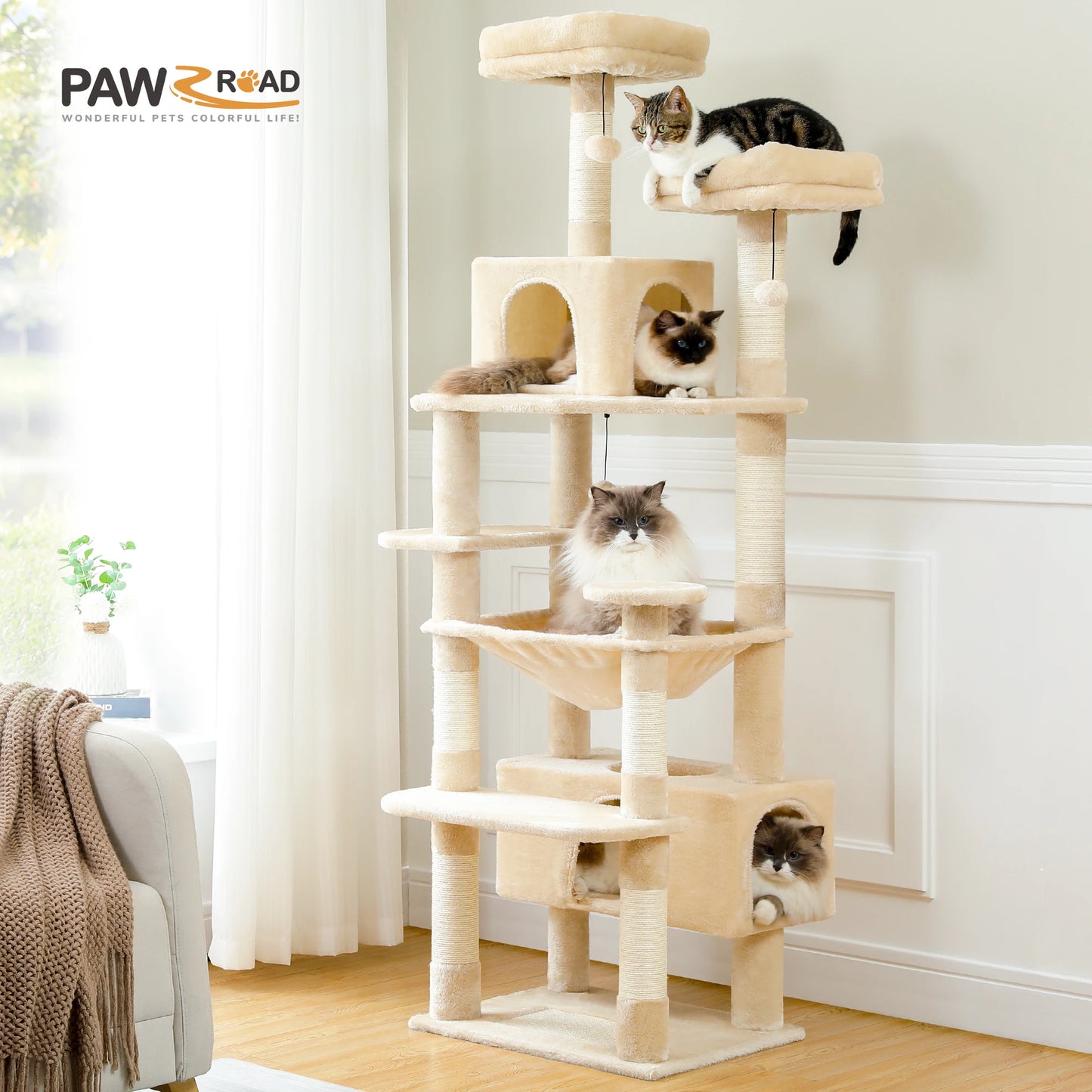 Multi-Level Cat Tree Tower with Scratching Posts&Board, Hammock, Cat Condo, Spacious Top Perch,Dangling Balls for Indoor Cats
