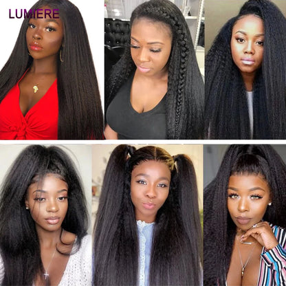 Kinky Yaki Straight Human Hair Bundles With Closure Frontal HD Transparent Brazilian Deep Curly Hair Bundles Deal Hair Extension