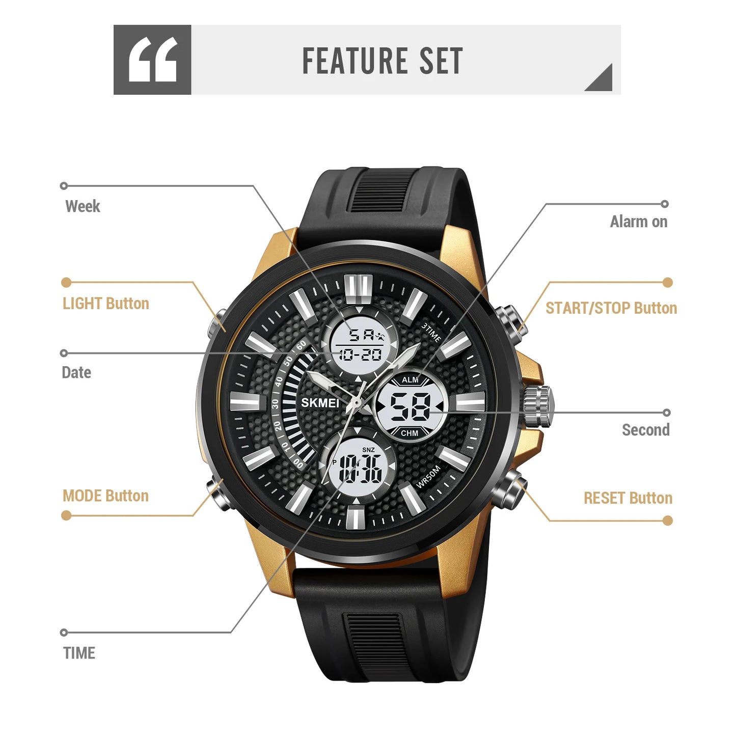 Digital Men Sport Watch With Backlight 5Bar Waterproof Alarm