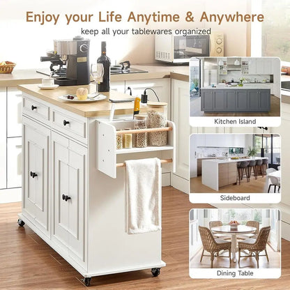 58 Mobile Kitchen Island Cart with Power Outlet, Storage, Spice Rack, Towel Rack & Knife Holder
