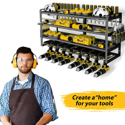 Power Tool Storage Rack 4 Layers Organizer-8 Tool Floating Shelf Wall Mount Heavy Duty Iron Drill Holder for Basement Workbench