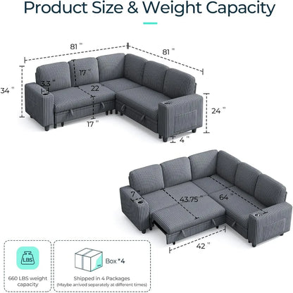 Guangbai Sectional Sleeper Sofa With USB Charging Storage